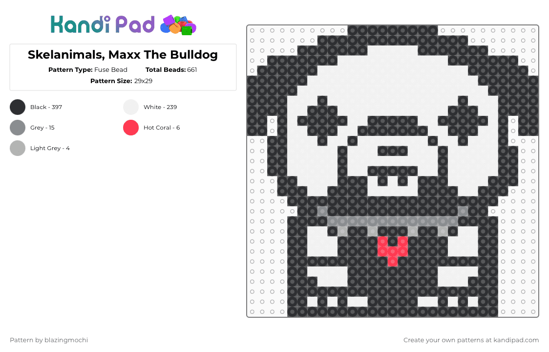 Skelanimals, Maxx The Bulldog - Fuse Bead Pattern by blazingmochi on Kandi Pad - black,white,gray,skeleton,dog,spooky,cute