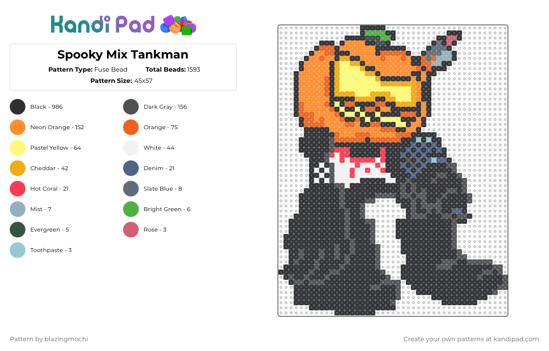 Spooky Mix Tankman - Fuse Bead Pattern by blazingmochi on Kandi Pad - black,gray,orange,video games,fnf,spooky