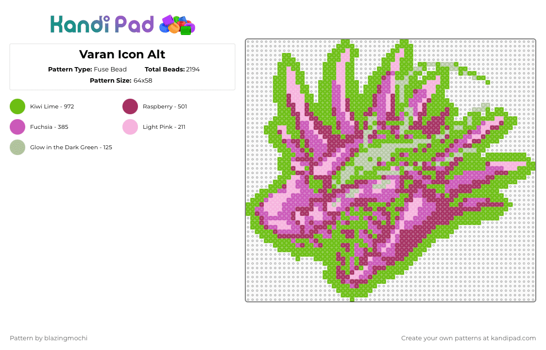 Varan Icon Alt - Fuse Bead Pattern by blazingmochi on Kandi Pad - green,pink,godzilla,video games,creepypasta,fnf