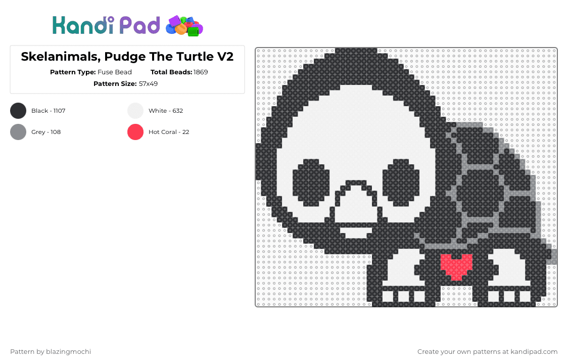 Skelanimals, Pudge The Turtle V2 - Fuse Bead Pattern by blazingmochi on Kandi Pad - black,white,gray,skeleton,turtle,spooky,cute
