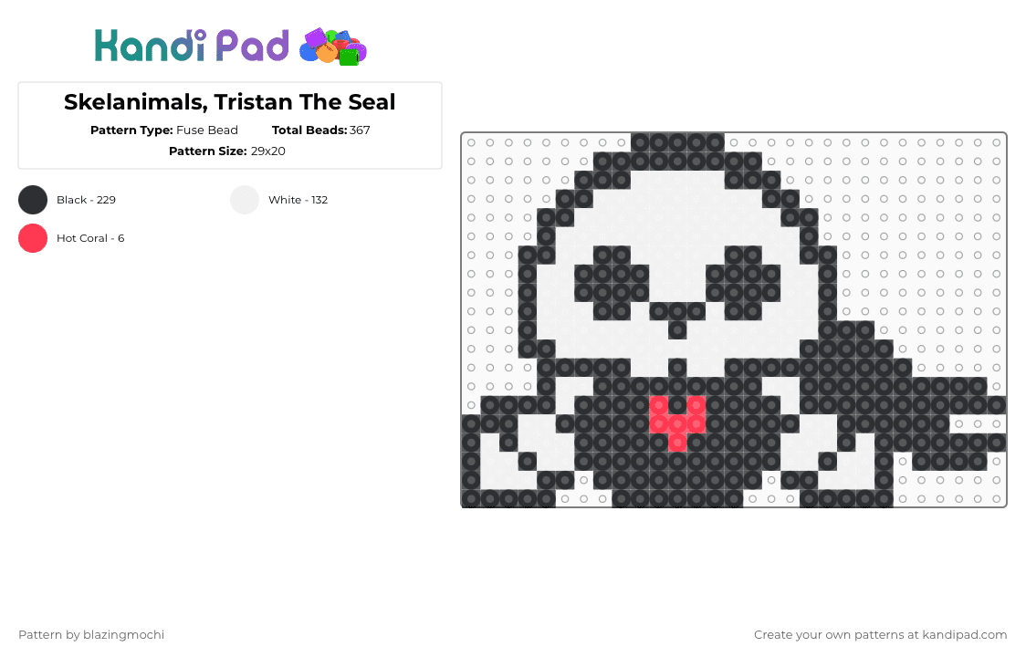 Skelanimals, Tristan The Seal - Fuse Bead Pattern by blazingmochi on Kandi Pad - black,white,skeleton,seal,spooky,cute