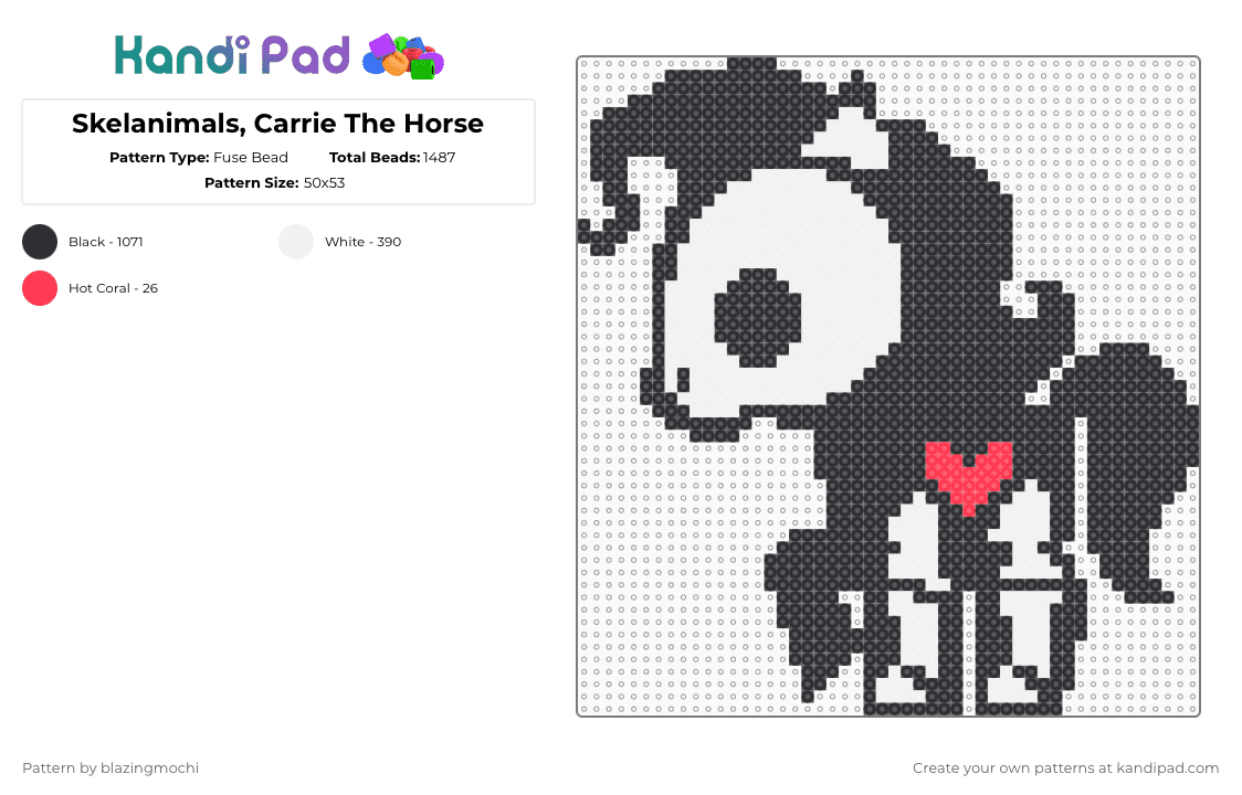 Skelanimals, Carrie The Horse - Fuse Bead Pattern by blazingmochi on Kandi Pad - black,white,skeleton,horse,spooky,cute