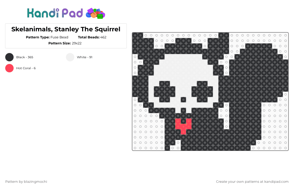 Skelanimals, Stanley The Squirrel - Fuse Bead Pattern by blazingmochi on Kandi Pad - black,white,skeleton,squirrel,spooky,cute