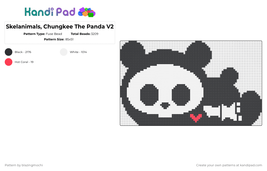Skelanimals, Chungkee The Panda V2 - Fuse Bead Pattern by blazingmochi on Kandi Pad - black,white,skeleton,panda,spooky,cute
