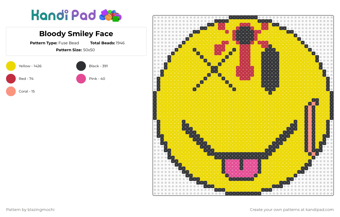 Bloody Smiley Face - Fuse Bead Pattern by blazingmochi on Kandi Pad - yellow,smiley face