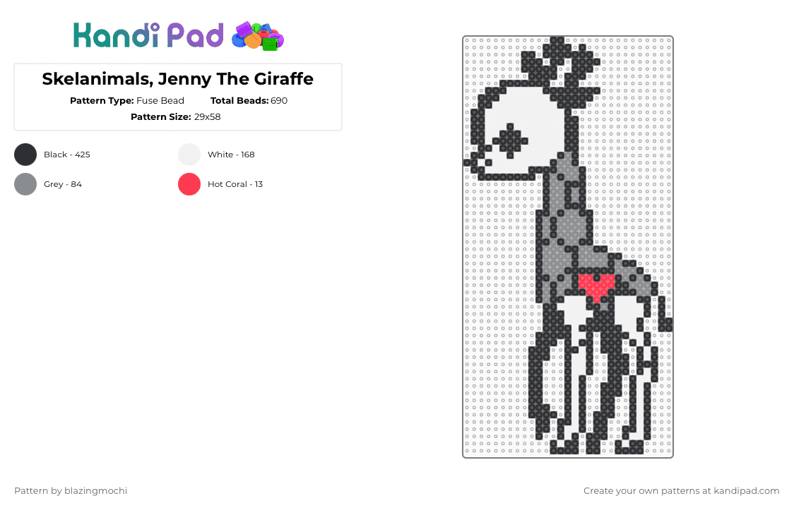 Skelanimals, Jenny The Giraffe - Fuse Bead Pattern by blazingmochi on Kandi Pad - black,white,gray,skeleton,giraffe,spooky,cute