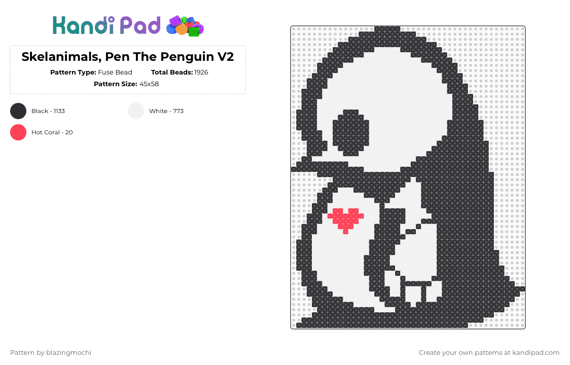 Skelanimals, Pen The Penguin V2 - Fuse Bead Pattern by blazingmochi on Kandi Pad - white,skeleton,penguin,spooky,cute