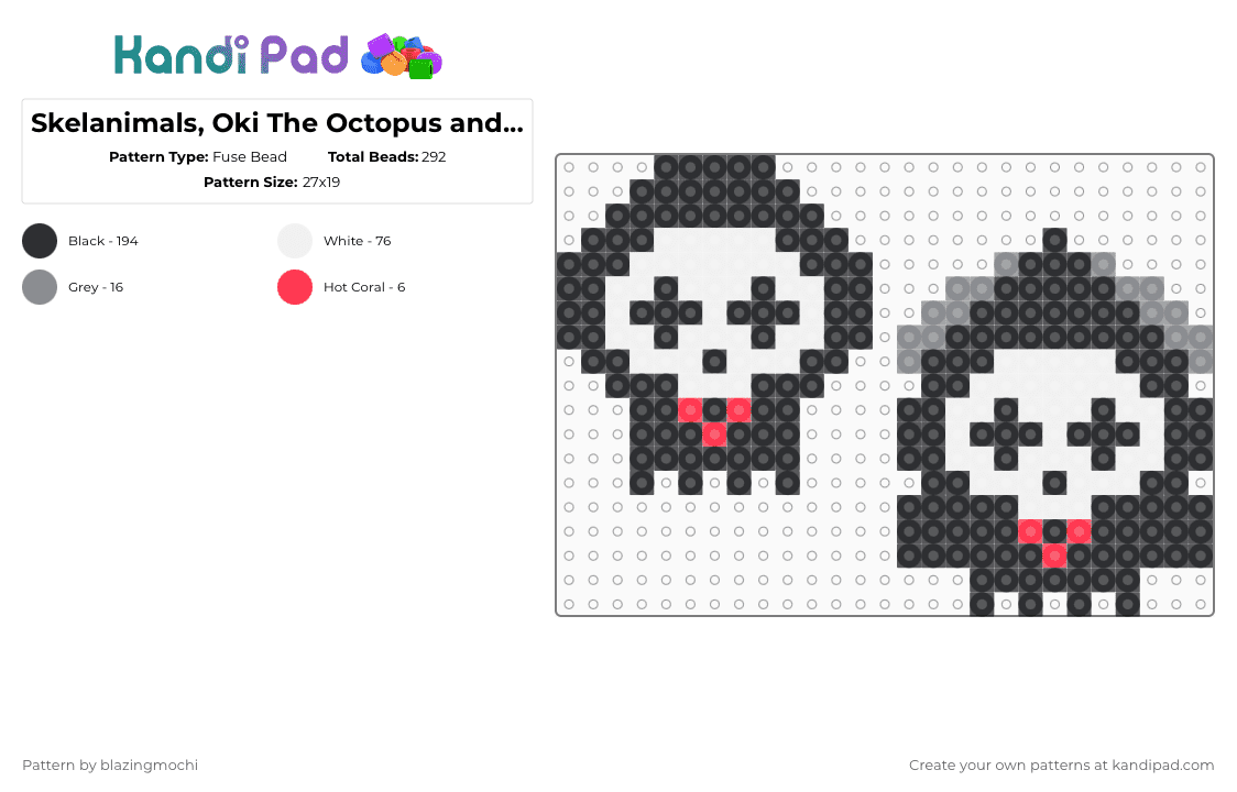 Skelanimals, Oki The Octopus and Ukee The Squid - Fuse Bead Pattern by blazingmochi on Kandi Pad - black,white,red,gray,skeleton,octopus,squid,spooky,cute