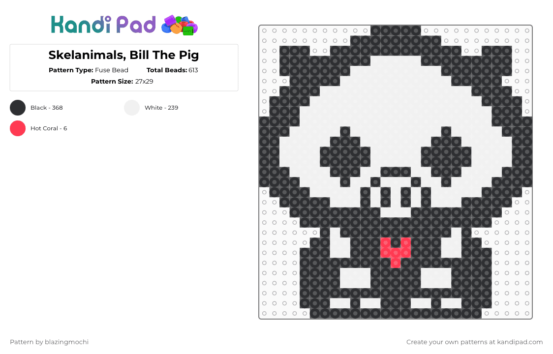 Skelanimals, Bill The Pig - Fuse Bead Pattern by blazingmochi on Kandi Pad - skeleton,pig,spooky,cute
