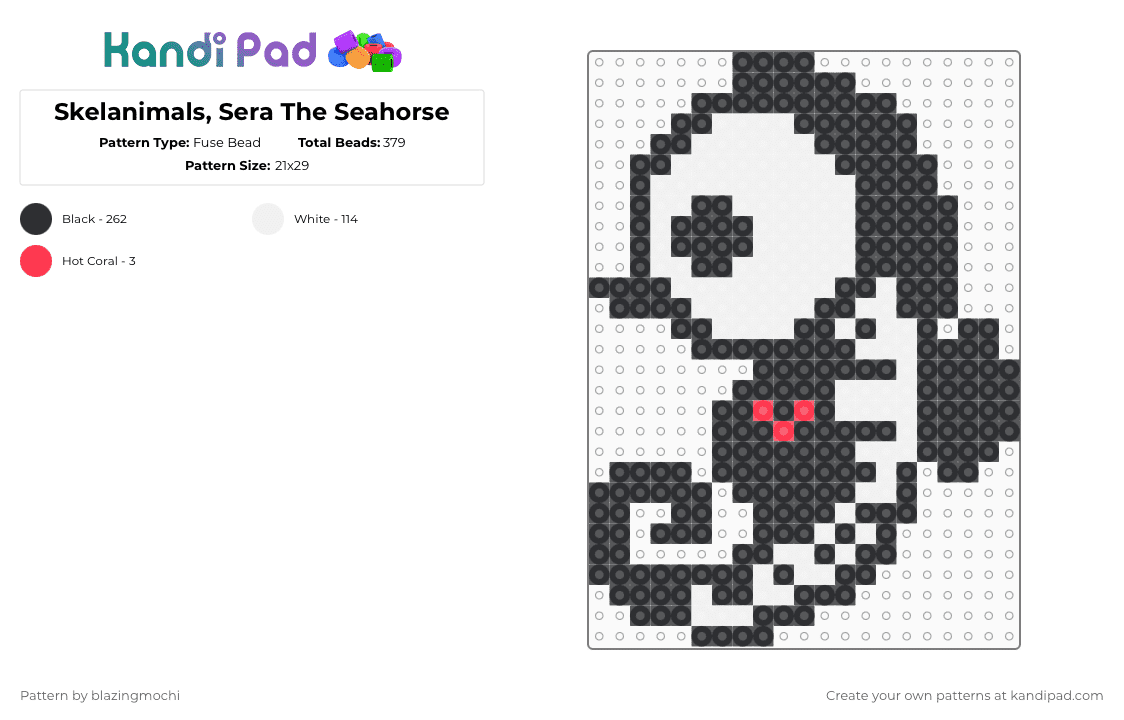 Skelanimals, Sera The Seahorse - Fuse Bead Pattern by blazingmochi on Kandi Pad - black,white,skeleton,seahorse,spooky,cute