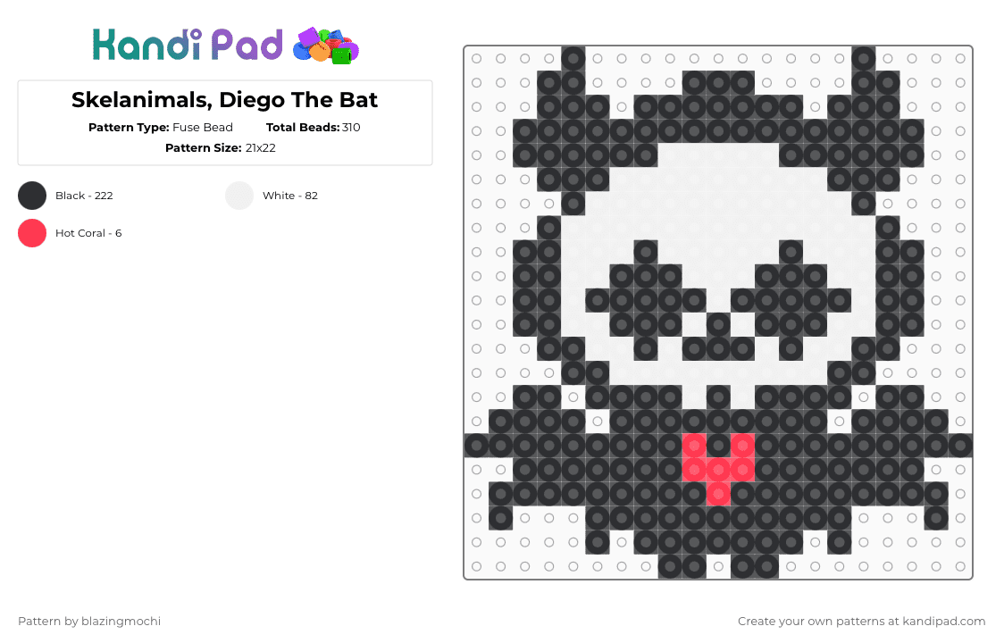 Skelanimals, Diego The Bat - Fuse Bead Pattern by blazingmochi on Kandi Pad - black,white,bat,skeleton,cute,spooky