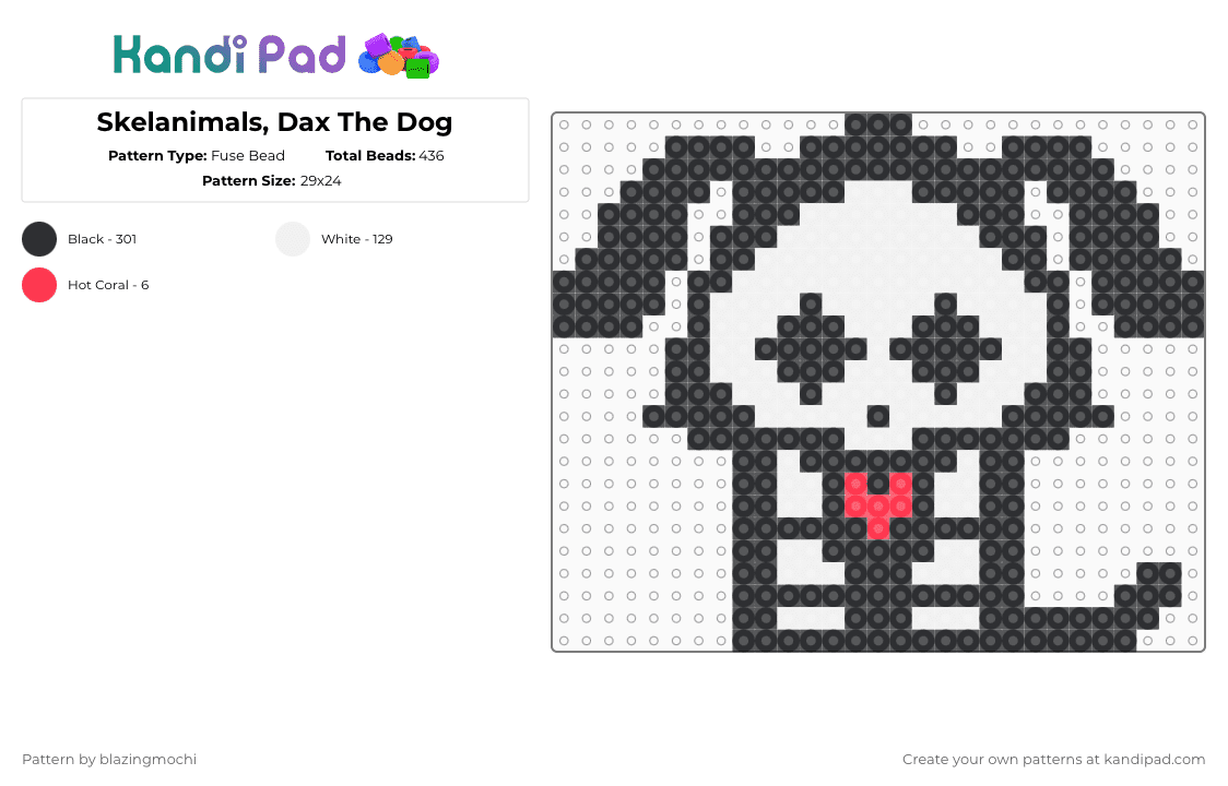 Skelanimals, Dax The Dog - Fuse Bead Pattern by blazingmochi on Kandi Pad - black,white,skeleton,dog,spooky,cute
