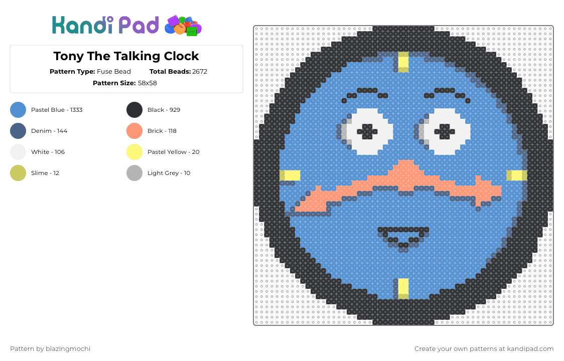 Tony The Talking Clock - Fuse Bead Pattern by blazingmochi on Kandi Pad - light blue,dhmis