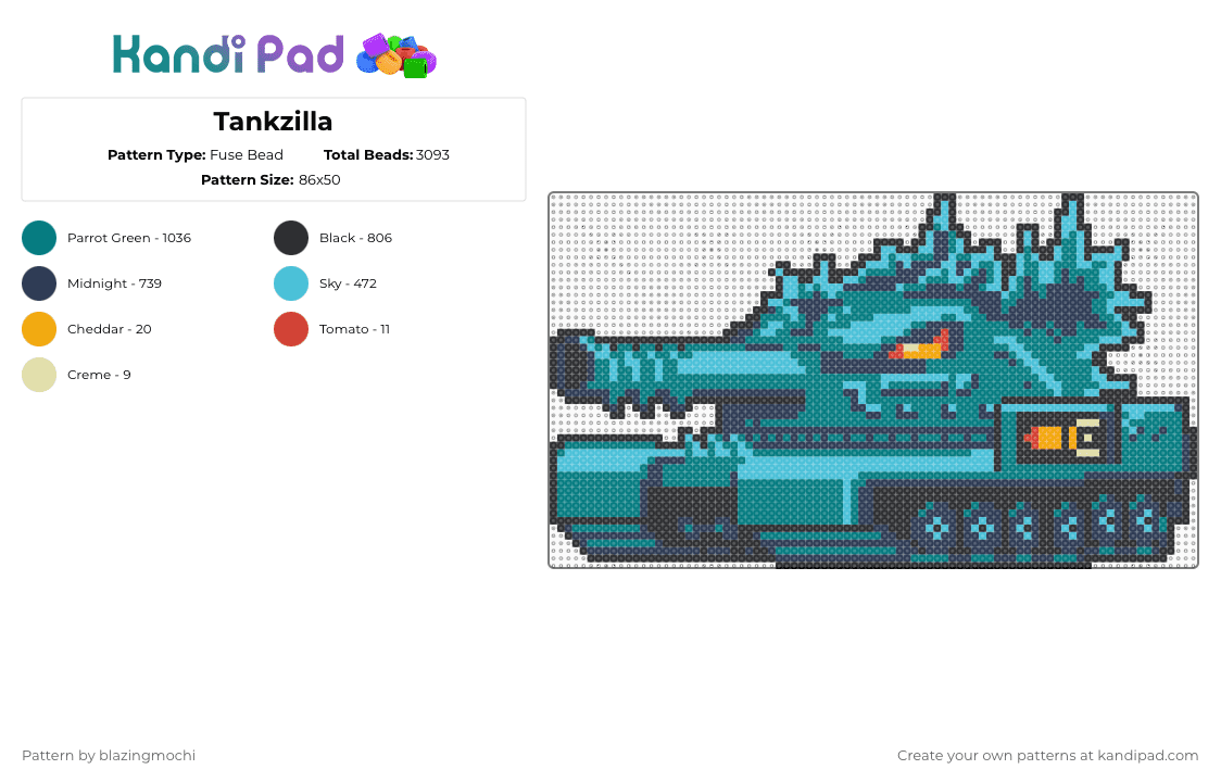 Tankzilla - Fuse Bead Pattern by blazingmochi on Kandi Pad - purple,teal,light blue,godzilla,creepypasta,video games,fnf