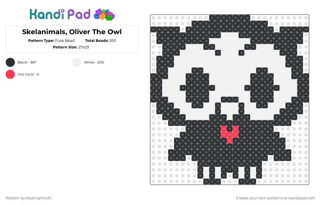Skelanimals, Oliver The Owl - Fuse Bead Pattern by blazingmochi on Kandi Pad - black,white,skeleton,owl,spooky,cute