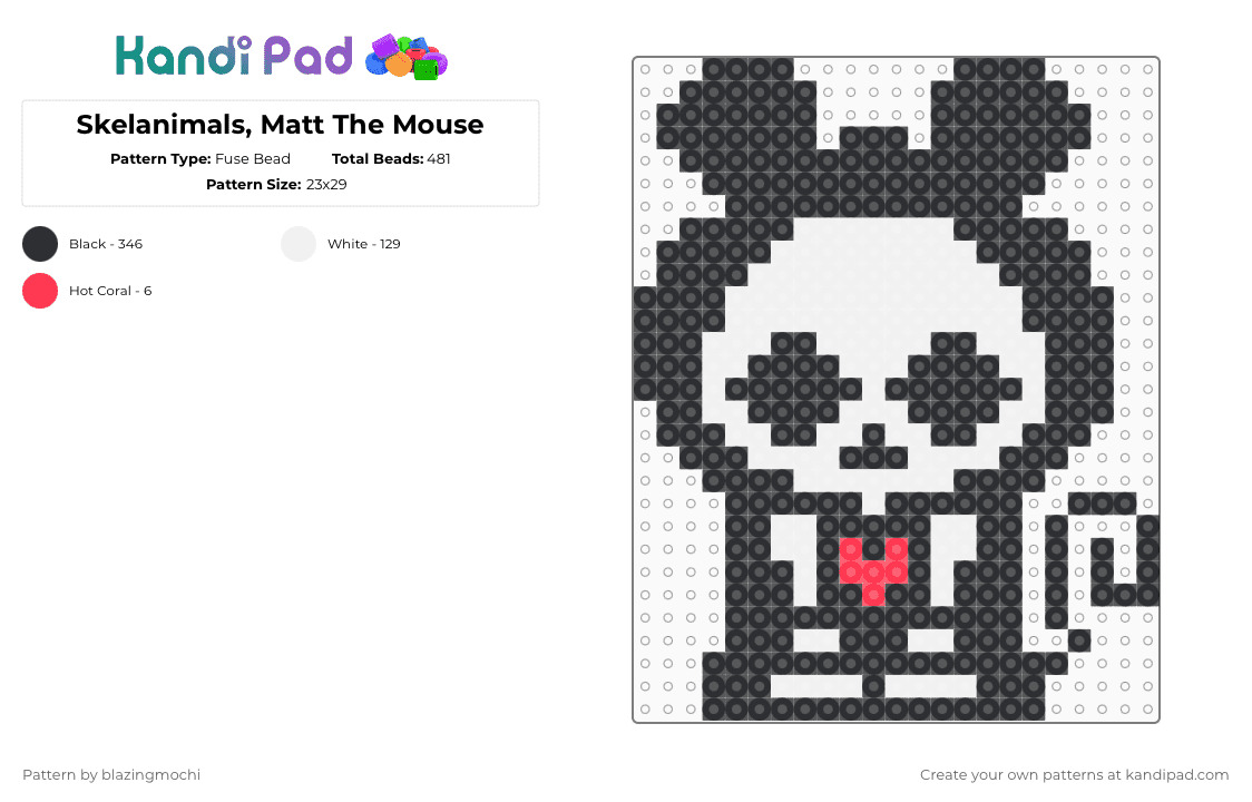 Skelanimals, Matt The Mouse - Fuse Bead Pattern by blazingmochi on Kandi Pad - skeleton,mouse,spooky,cute