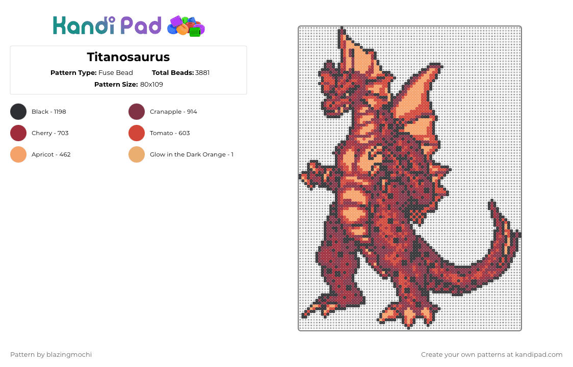 Titanosaurus - Fuse Bead Pattern by blazingmochi on Kandi Pad - titan,video game,monster,animal,kaiju,gaming,movie,brown,red,godzilla,video games,creepypasta,fnf