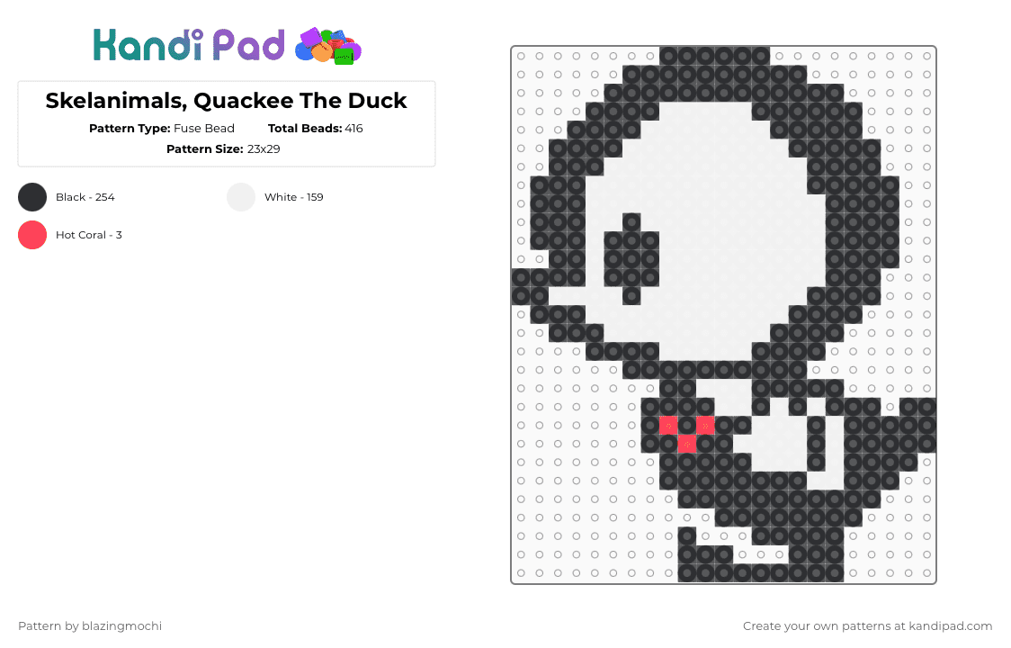 Skelanimals, Quackee The Duck - Fuse Bead Pattern by blazingmochi on Kandi Pad - white,skeleton,duck,spooky,cute