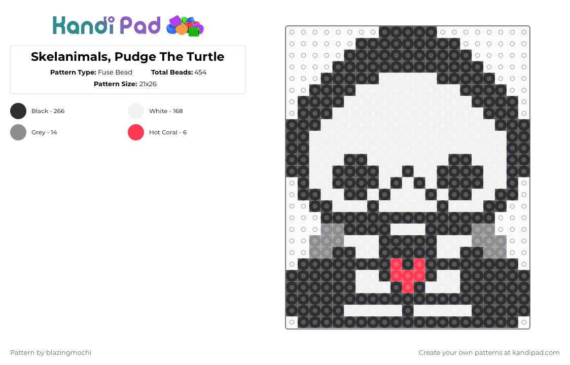 Skelanimals, Pudge The Turtle - Fuse Bead Pattern by blazingmochi on Kandi Pad - black,white,gray,red,skeleton,turtle,spooky,cute