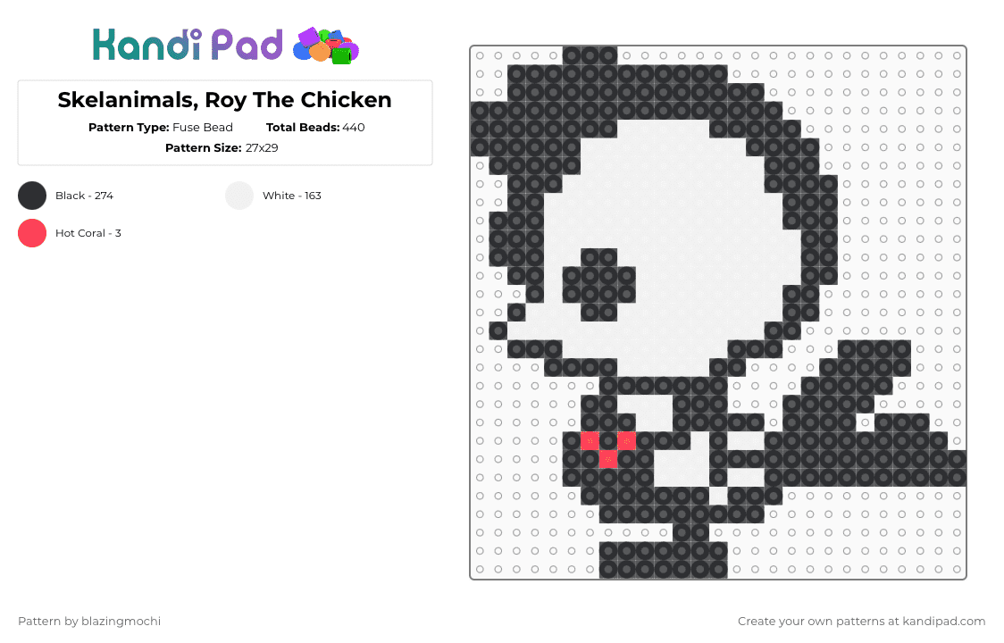 Skelanimals, Roy The Chicken - Fuse Bead Pattern by blazingmochi on Kandi Pad - white,skeleton,chicken,spooky,cute