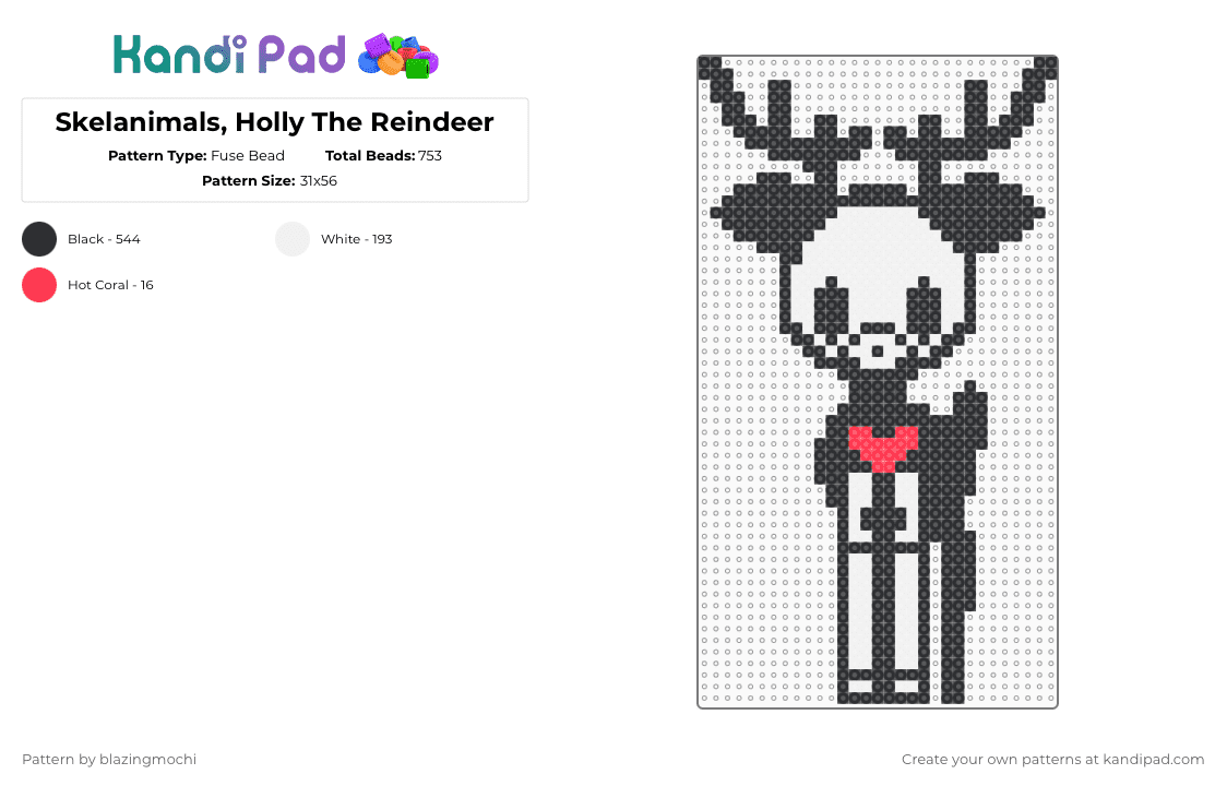 Skelanimals, Holly The Reindeer - Fuse Bead Pattern by blazingmochi on Kandi Pad - black,white,skeleton,reindeer,spooky,cute