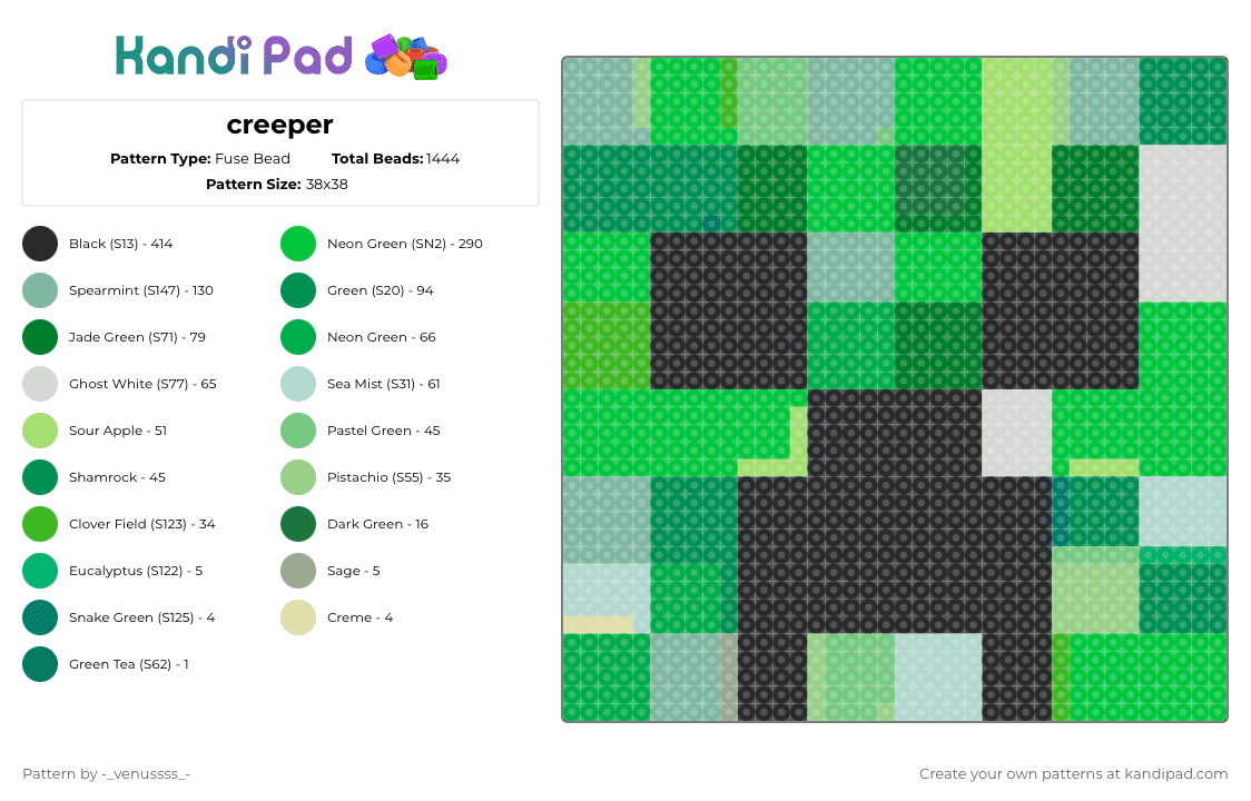creeper - Fuse Bead Pattern by -_venussss_- on Kandi Pad - teal,green,creeper,minecraft,kandi,plur,silly