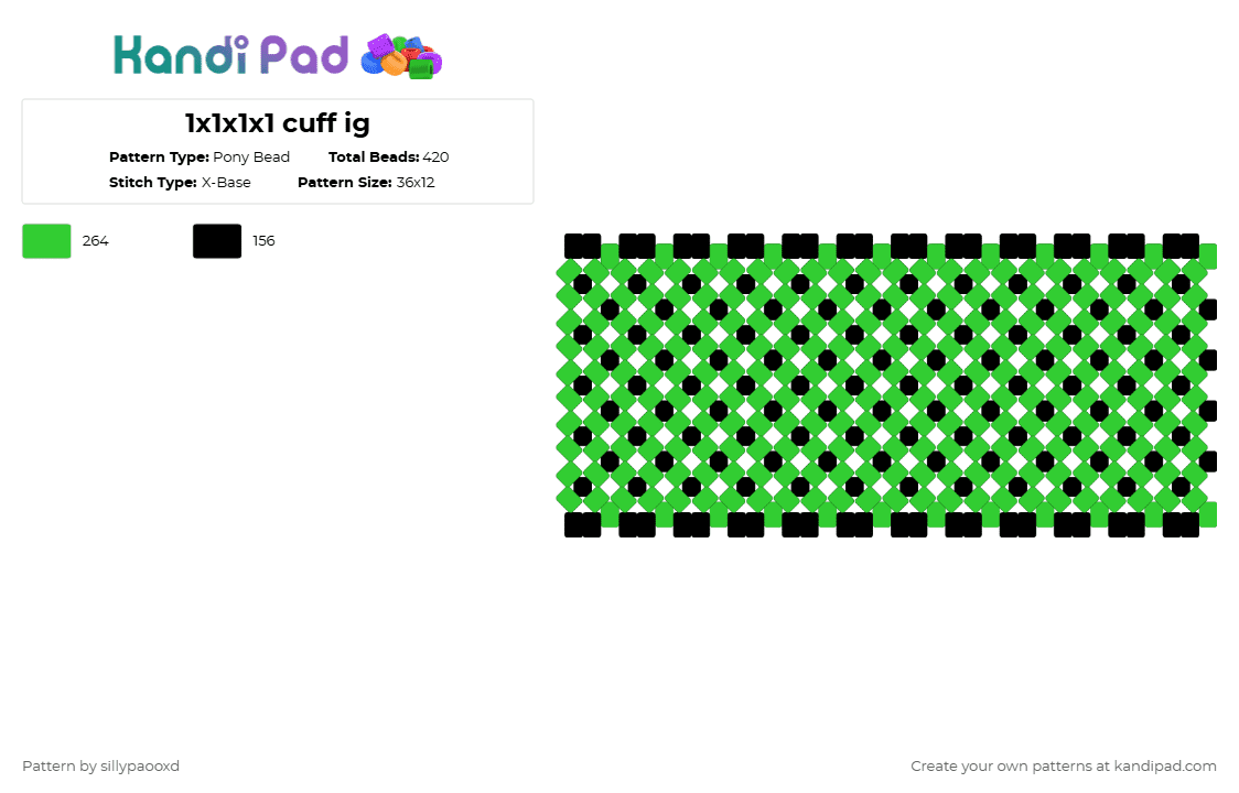 1x1x1x1 cuff ig - Pony Bead Pattern by sillypaooxd on Kandi Pad - black,green