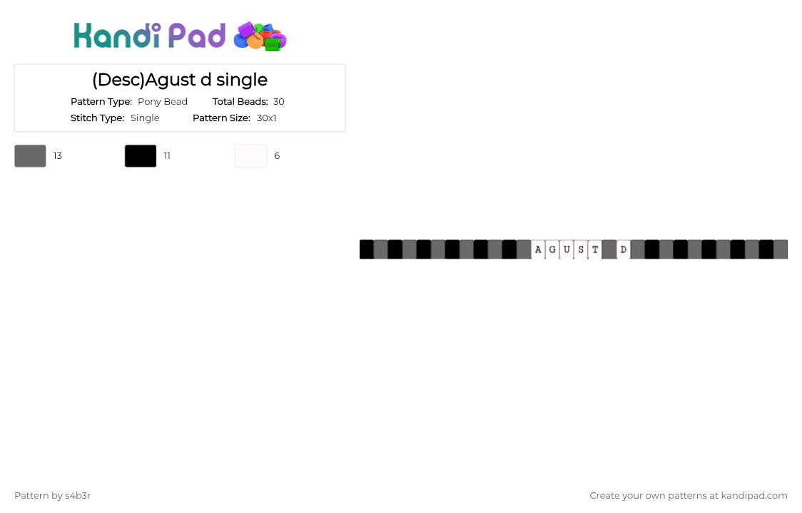 (Desc)Agust d single - Pony Bead Pattern by robbynns_trash_compactor on Kandi Pad - gray,white