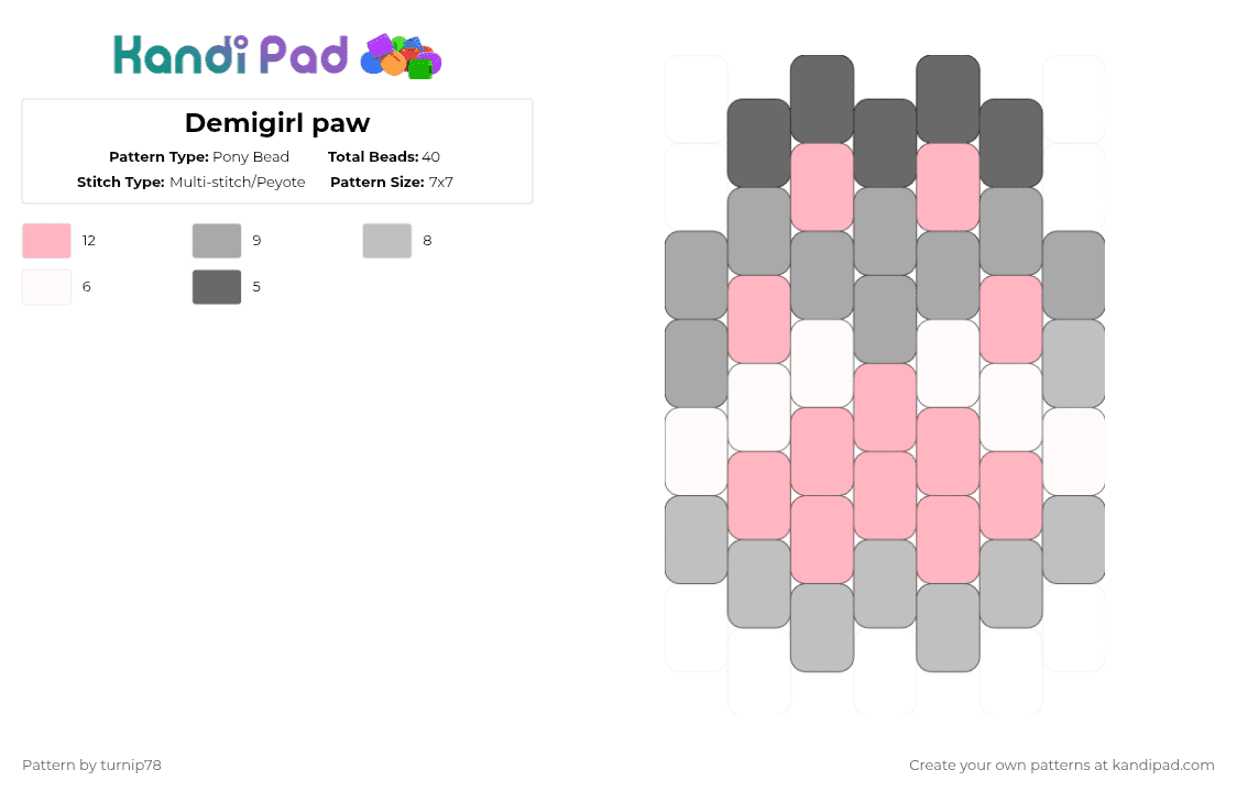 Demigirl paw - Pony Bead Pattern by turnip78 on Kandi Pad - beige,pink
