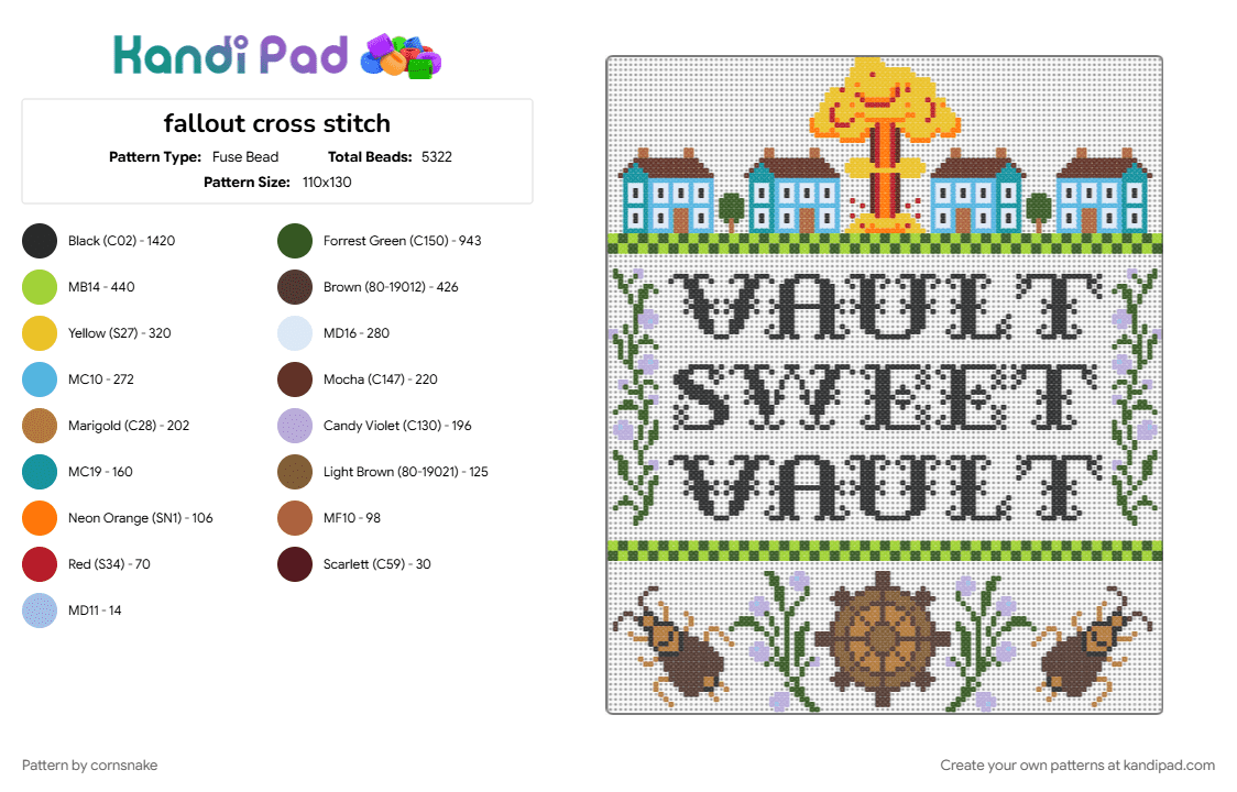 fallout cross stitch - Fuse Bead Pattern by cornsnake on Kandi Pad - brown, colorful, cross stitch, fallout, gold, green, vault