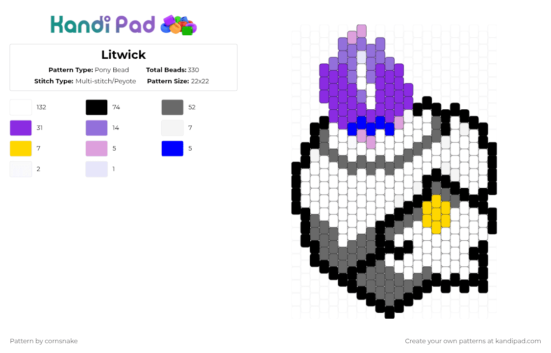 Litwick - Pony Bead Pattern by cornsnake on Kandi Pad - white,purple,gray,pokemon,litwick,candle