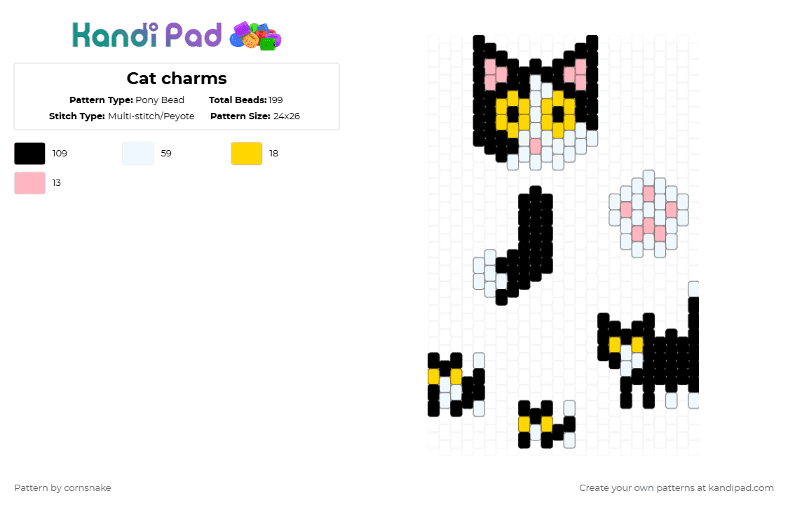 Cat charms - Pony Bead Pattern by cornsnake on Kandi Pad - black,white,pink,yellow,cat,charm,kitty