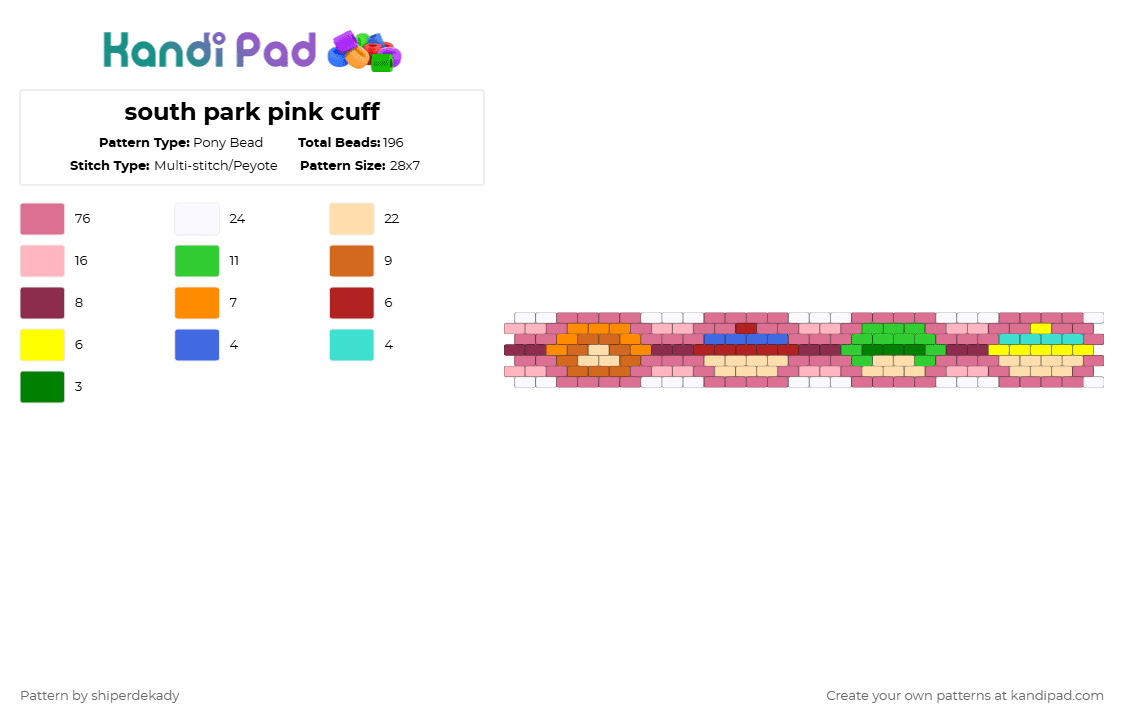 south park pink cuff - Pony Bead Pattern by shiperdekady on Kandi Pad - beige,pink,south park,kawaii,kenny mccormick,eric cartman,kyle broflovski,stan marsh