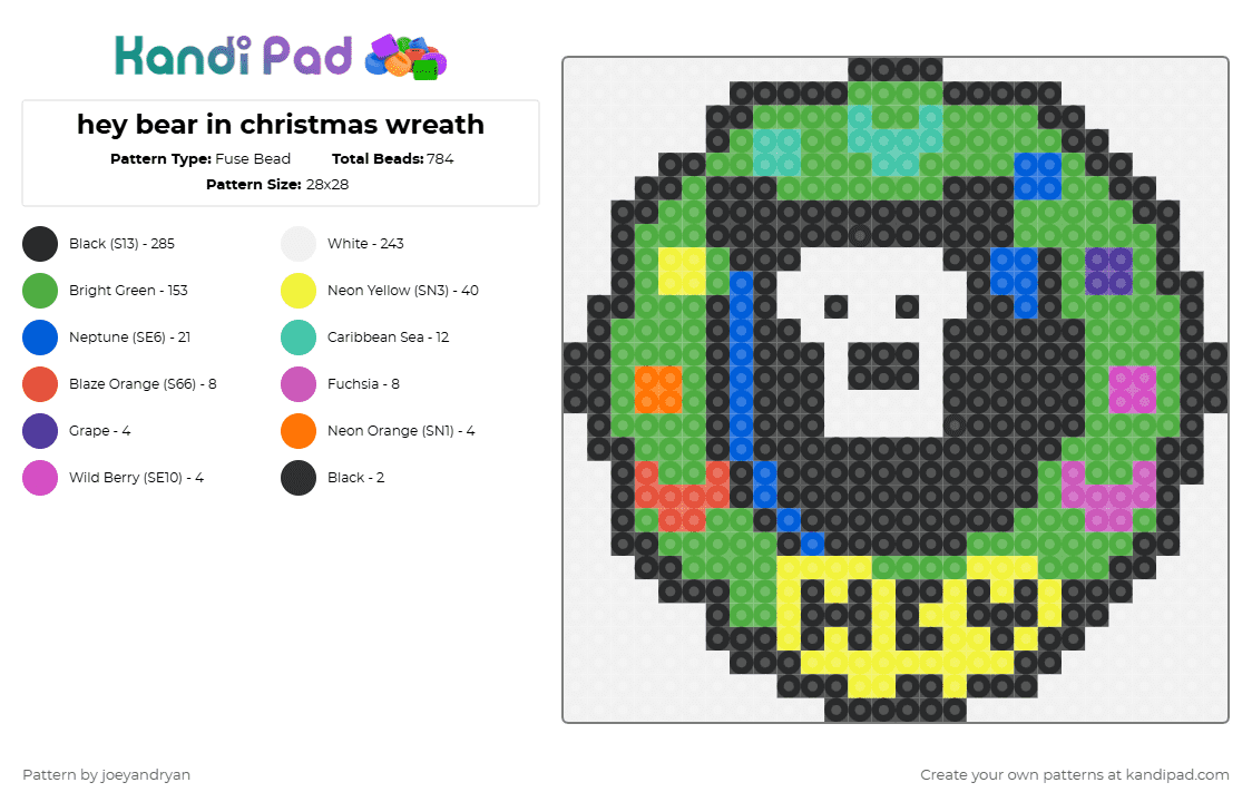 hey bear in christmas wreath - Fuse Bead Pattern by joeyandryan on Kandi Pad - white,green,yellow,bear,heybear,hey bear,christmas,wreath