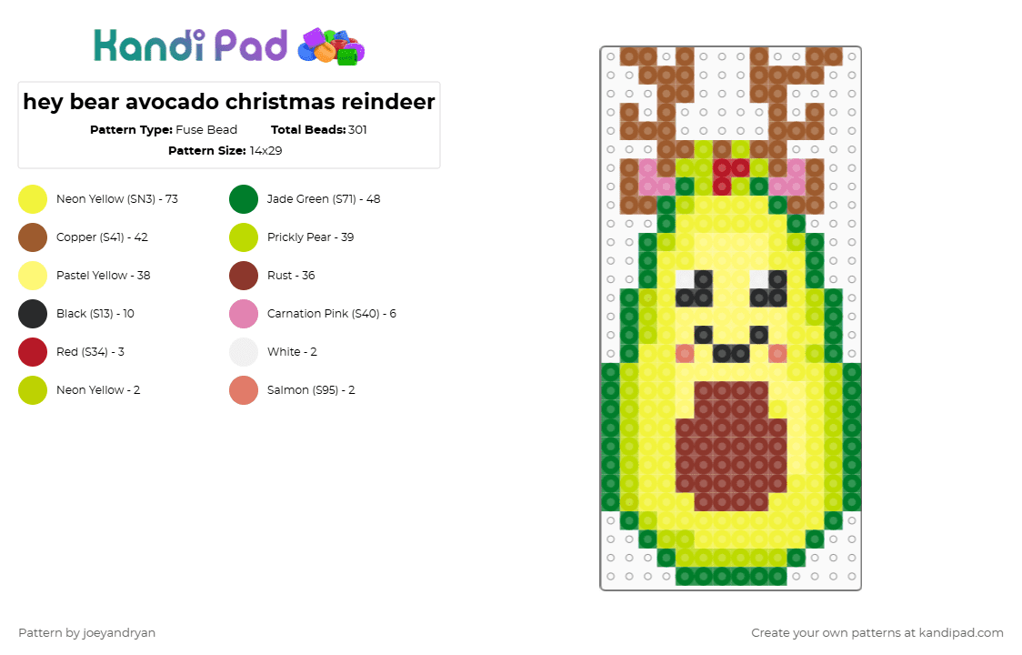 hey bear avocado christmas reindeer - Fuse Bead Pattern by joeyandryan on Kandi Pad - hey bear,animal,cartoon,video,holiday,green,yellow,heybear,heybearsensory,avocado,reindeer,christmas