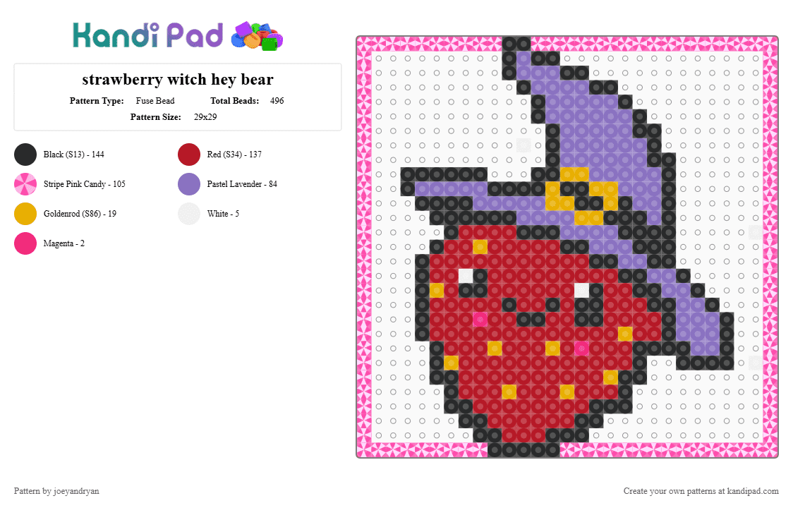 Strawberry Witch from Hey Bear Sensory Halloween - Fuse Bead Pattern by joeyandryan on Kandi Pad - red,pink,blue,heybear,heybearsensory,strawberry,kawaii,witch,halloween,character,fruit