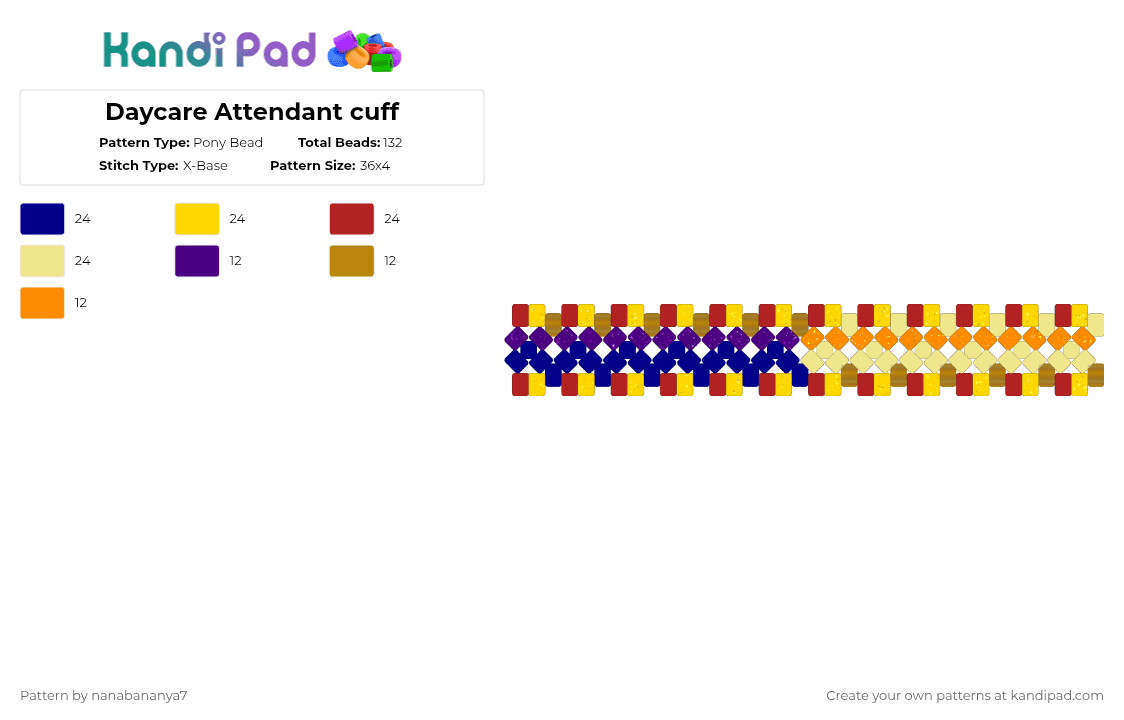 Daycare Attendant cuff - Pony Bead Pattern by nanabananya7 on Kandi Pad - purple,yellow,fnaf