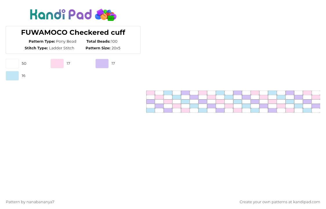 FUWAMOCO Checkered cuff - Pony Bead Pattern by nanabananya7 on Kandi Pad - white,light blue,pink,hololive,fuwamoco