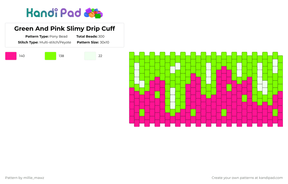 Green And Pink Slimy Drip Cuff - Pony Bead Pattern by millie_mawz on Kandi Pad - green,pink,slime,drippy,pink and green