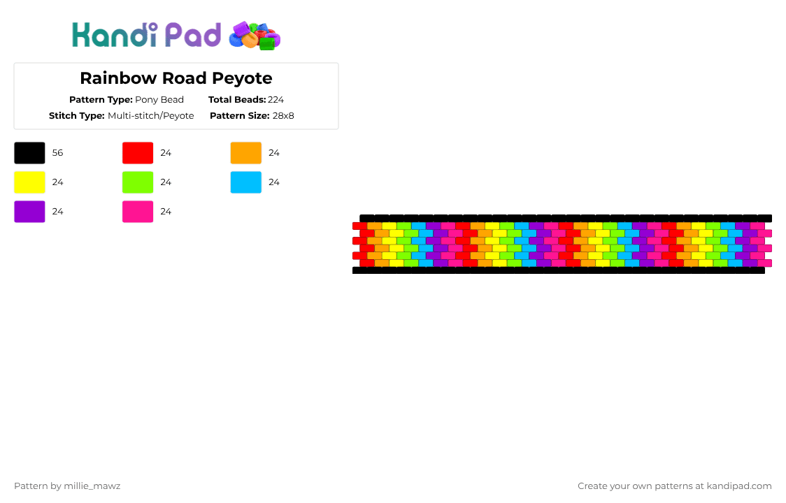 Rainbow Road Peyote - Pony Bead Pattern by millie_mawz on Kandi Pad - orange,green,purple,colorful,rainbow,peyote