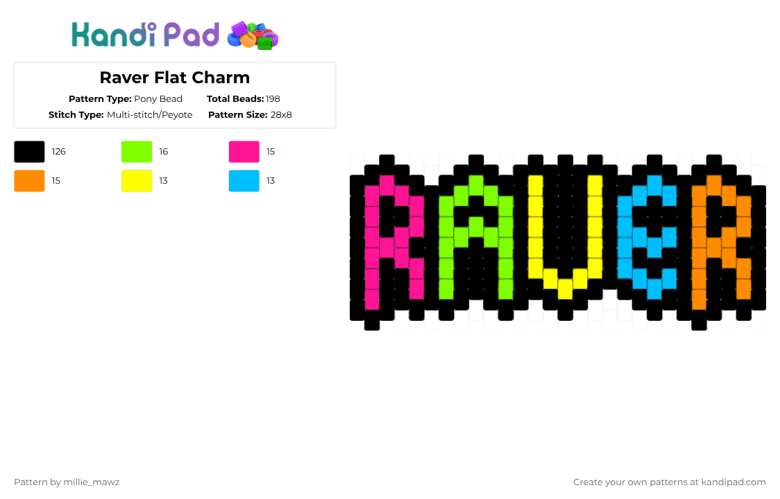 Raver Flat Charm - Pony Bead Pattern by millie_mawz on Kandi Pad - black,pink,green,orange,rave,raver,charm,cotdraverculture