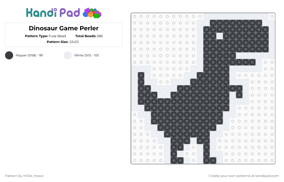 Dinosaur Game Perler - Fuse Bead Pattern by millie_mawz on Kandi Pad - google,chrome,internet,browser,black,white,dinosaur,8bit
