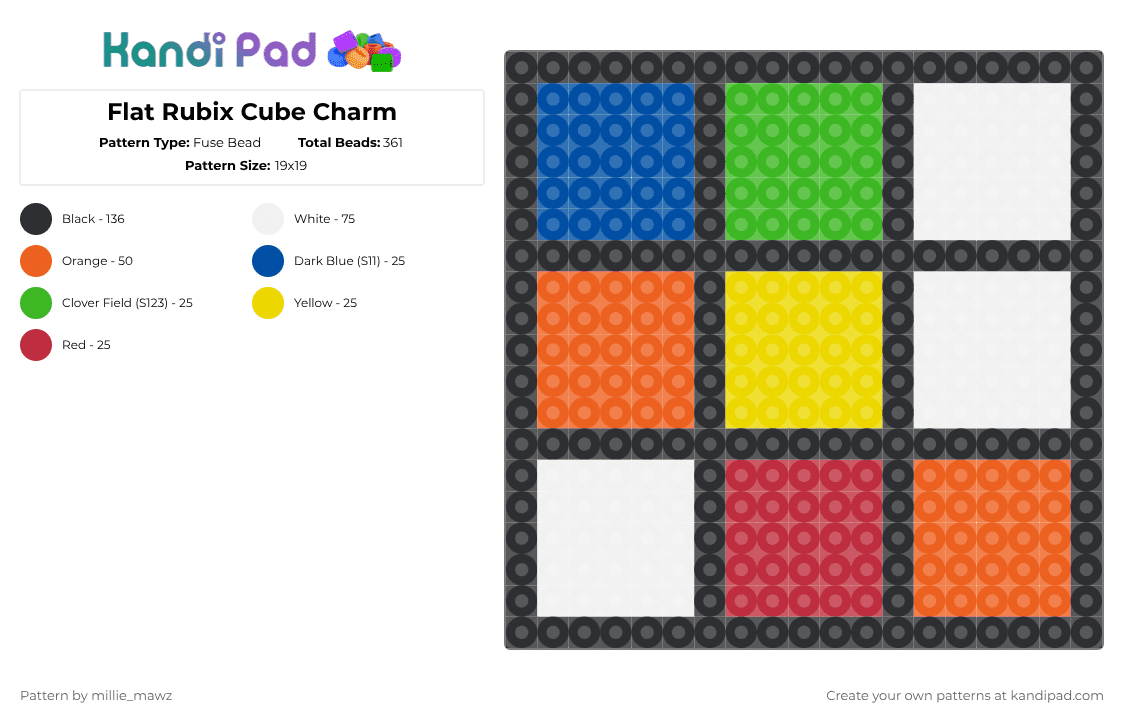 Flat Rubix Cube Charm - Fuse Bead Pattern by millie_mawz on Kandi Pad - rubix cube,puzzle,toy,charm,orange