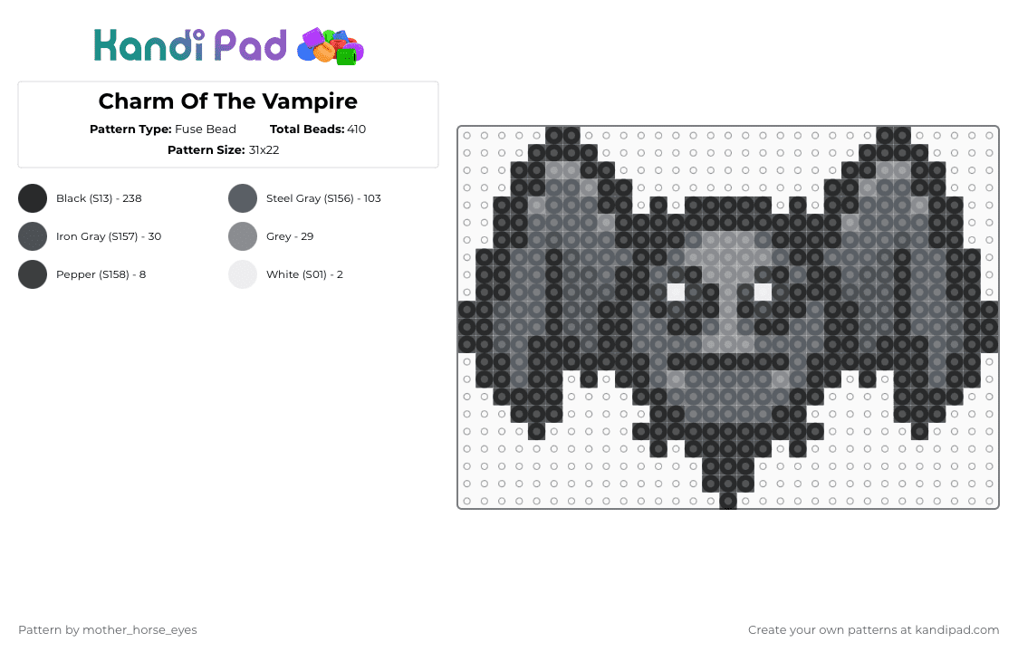 Charm Of The Vampire - Fuse Bead Pattern by mother_horse_eyes on Kandi Pad - black,gray,tboi,the binding of isaac,vampire,bat,video games