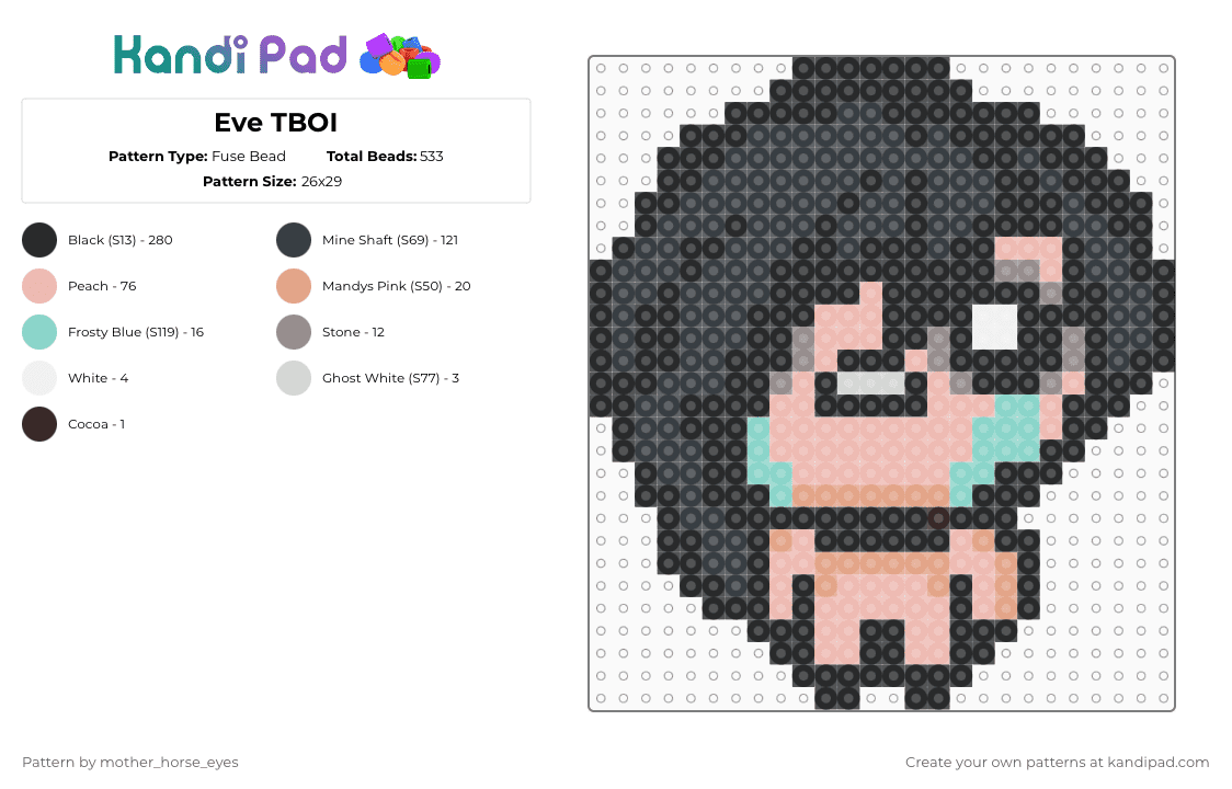 Eve TBOI - Fuse Bead Pattern by mother_horse_eyes on Kandi Pad - black,beige,tboi,the binding of isaac,characters,video games,video game characters