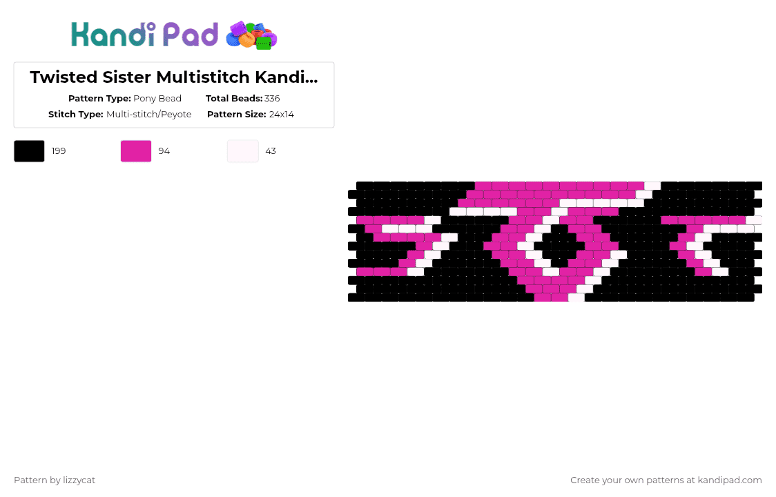 Twisted Sister Multistitch Kandi Pattern - Pony Bead Pattern by lizzycat on Kandi Pad - band, dee snider, eddie ojeda, glam metal, heavy metal, jay jay french, mark mendoza, metal band, music, pink, twisted sister, white