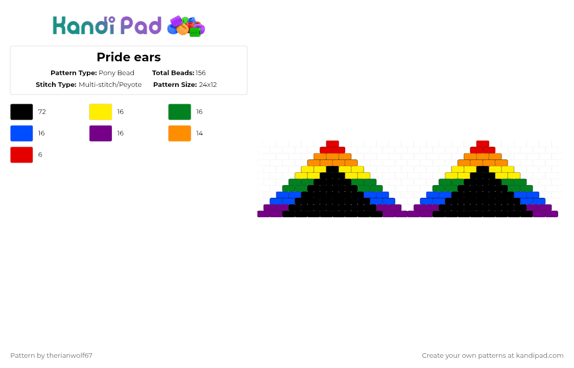 Pride ears - Pony Bead Pattern by therianwolf67 on Kandi Pad - black,yellow,blue,colorful