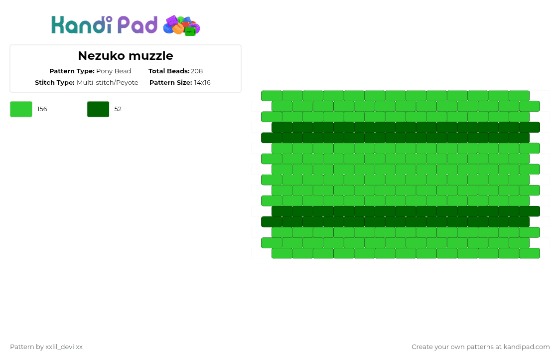 Nezuko muzzle - Pony Bead Pattern by xxlil_devilxx on Kandi Pad - green,kny,demon slayer