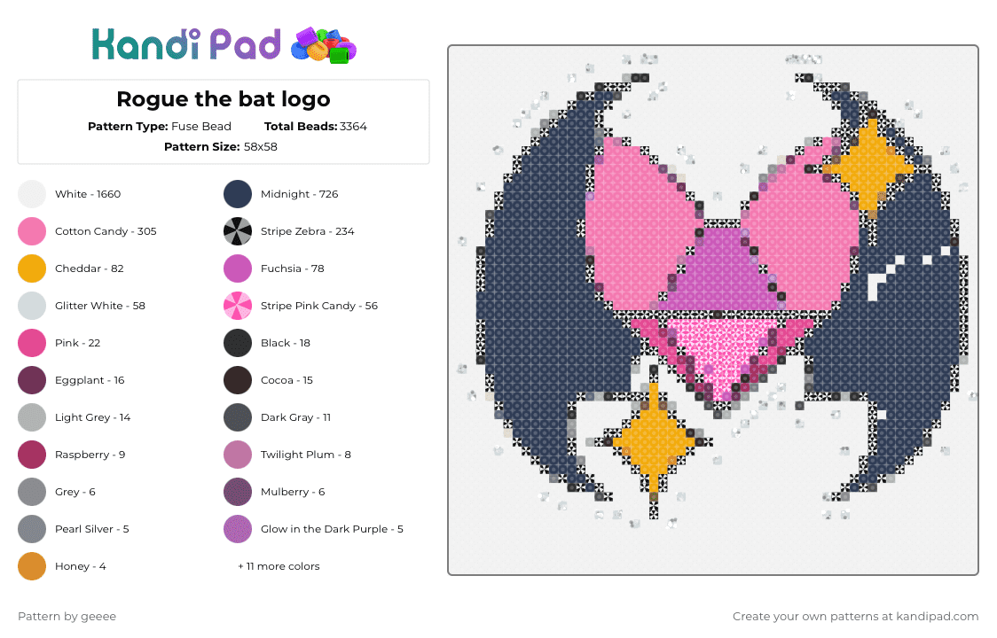 Rogue the bat logo - Fuse Bead Pattern by geeee on Kandi Pad - white,purple,pink
