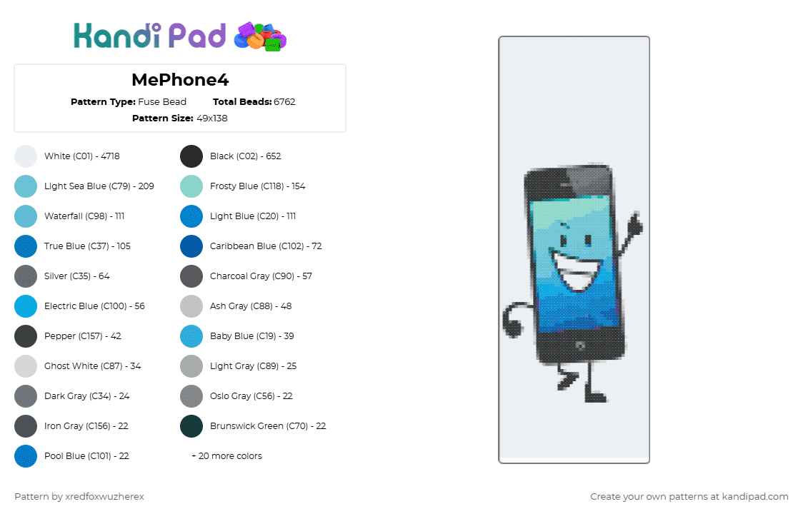 MePhone4 - Fuse Bead Pattern by xredfoxwuzherex on Kandi Pad - blue, character, gray, inanimateinsanity, light blue, mephone4, objectshow, osc, white